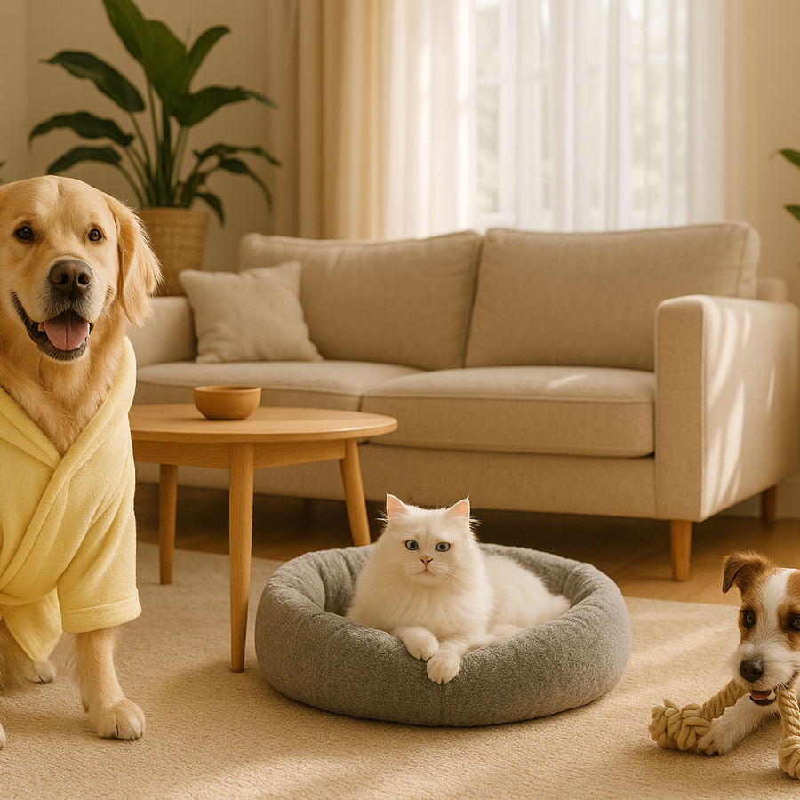 A bright, inviting living room scene featuring a golden retriever wearing a soft quick-dry bathrobe, a fluffy white cat lounging in a cozy pet bed, and a playful small dog chewing a durable rope toy. Stylish neutral-toned furniture, green houseplants, soft natural daylight pouring in from large windows, warm and cozy atmosphere, high-resolution professional lifestyle photography, premium pet brand aesthetic, minimal clutter, with space for text overlay on the right side.