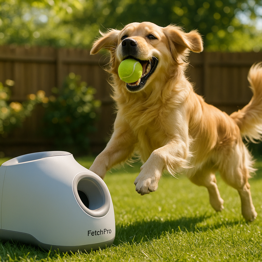 A happy dog playing with the FetchPro in a backyard setting. Consider a video of the FetchPro in action.