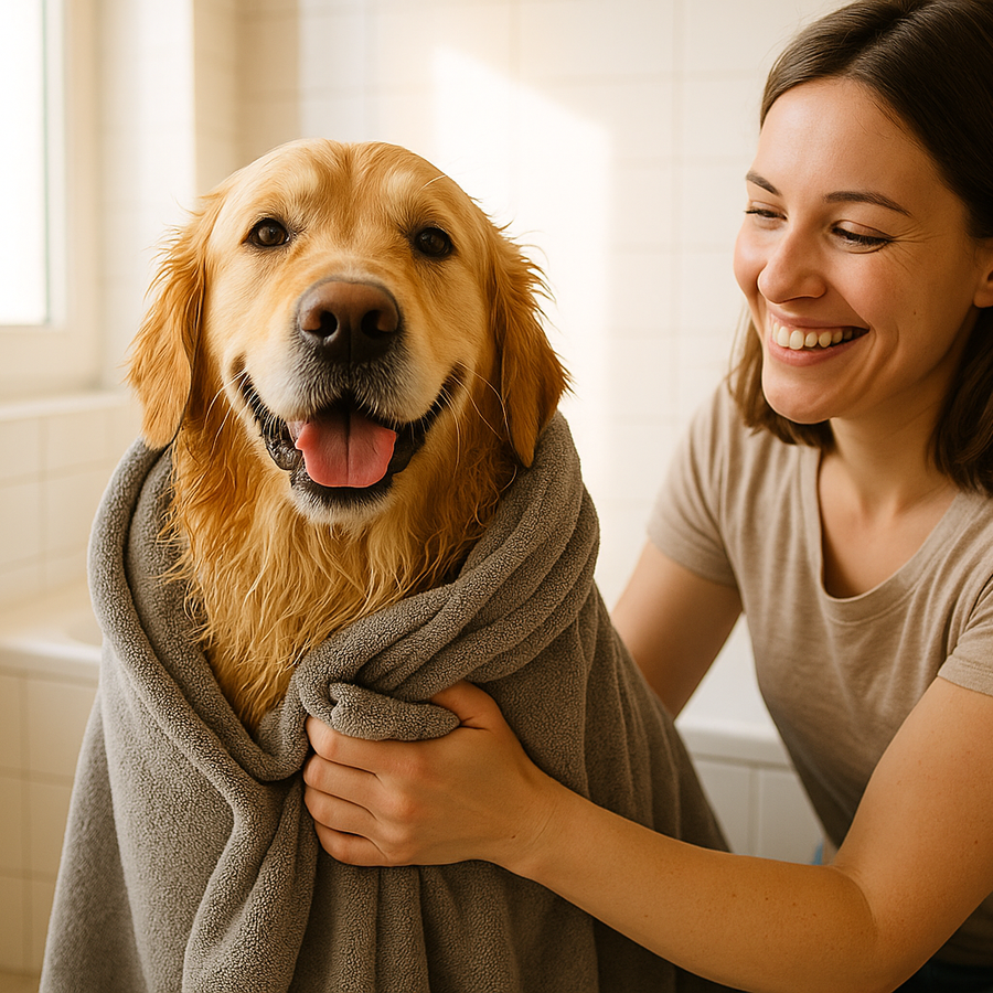 A happy golden retriever being wrapped in a large soft grey microfiber towel by a smiling owner in a bright bathroom. Warm natural lighting, clean modern background, high-resolution professional lifestyle photo, cozy and joyful atmosphere