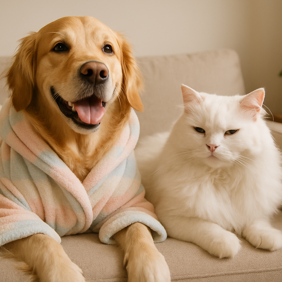 A happy golden retriever wearing a soft, pastel-colored dog robe, lying on a couch beside a fluffy white cat, both looking relaxed and cozy. Soft natural lighting, warm home setting, neutral background, high-resolution lifestyle photo, pet-friendly decor.