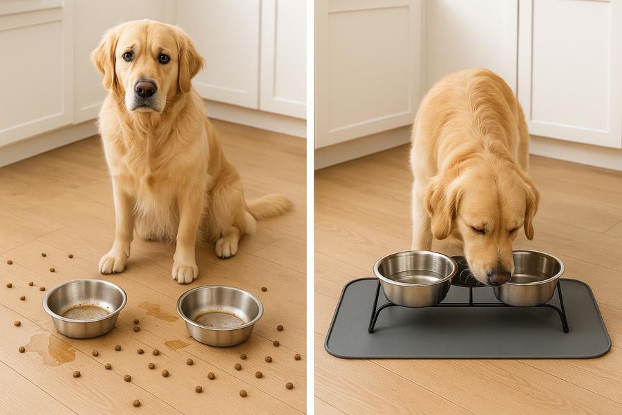 A split image. One side shows a messy feeding area with spills and stains. The other side shows the same area with the Splash-Proof Feeding Mat, clean and tidy.
Show a dog or cat