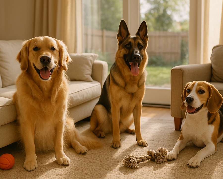 A warm, inviting photo of three happy dogs — a golden retriever, a German shepherd, and a beagle — relaxing together in a cozy living room with soft couches and toys scattered around. Sunlight streaming through a large window showing a safe fenced backyard. Clean, home-style environment, friendly and trustworthy vibe, natural colors, professional lifestyle photography.