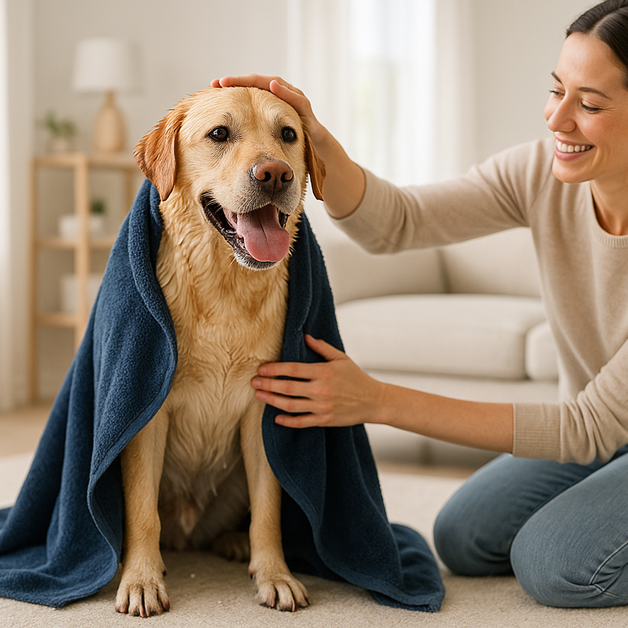 A wet Labrador standing on a clean living room rug, wrapped in a dark blue dog towel, with a smiling owner patting the dog. Minimalist bright home interior, soft sunlight, realistic detail, premium pet brand feel.