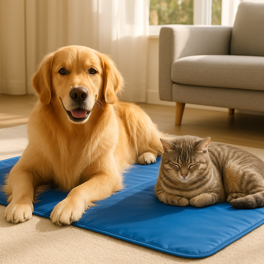 Bright lifestyle photo of a Golden Retriever and a gray tabby cat sharing a large blue cooling pet bed mat in a modern living room, sunlight streaming in through a window, pets looking relaxed and happy, clean natural lighting, premium e-commerce style.