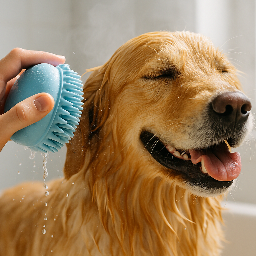 "Close-up of a golden retriever being groomed with a soft blue silicone pet bath brush, water droplets visible, dog looking happy and relaxed, bright natural light, high-quality pet product photography."