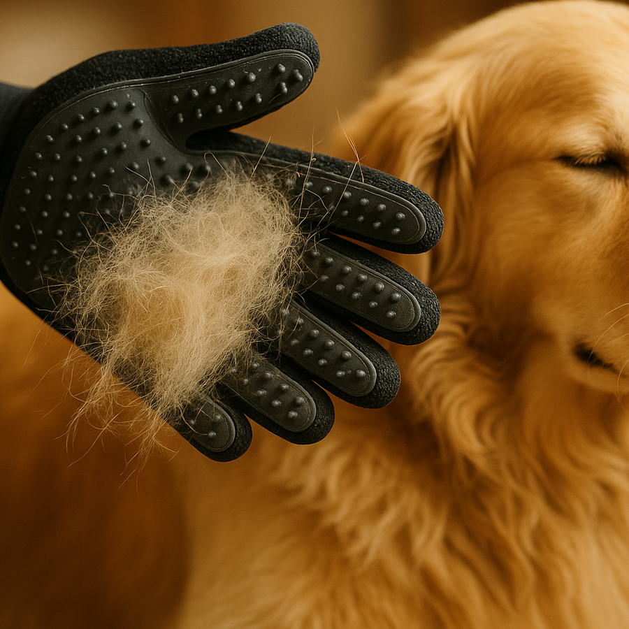 Close-up of the glove being used on a dog or cat, showing the loose hair being collected.
