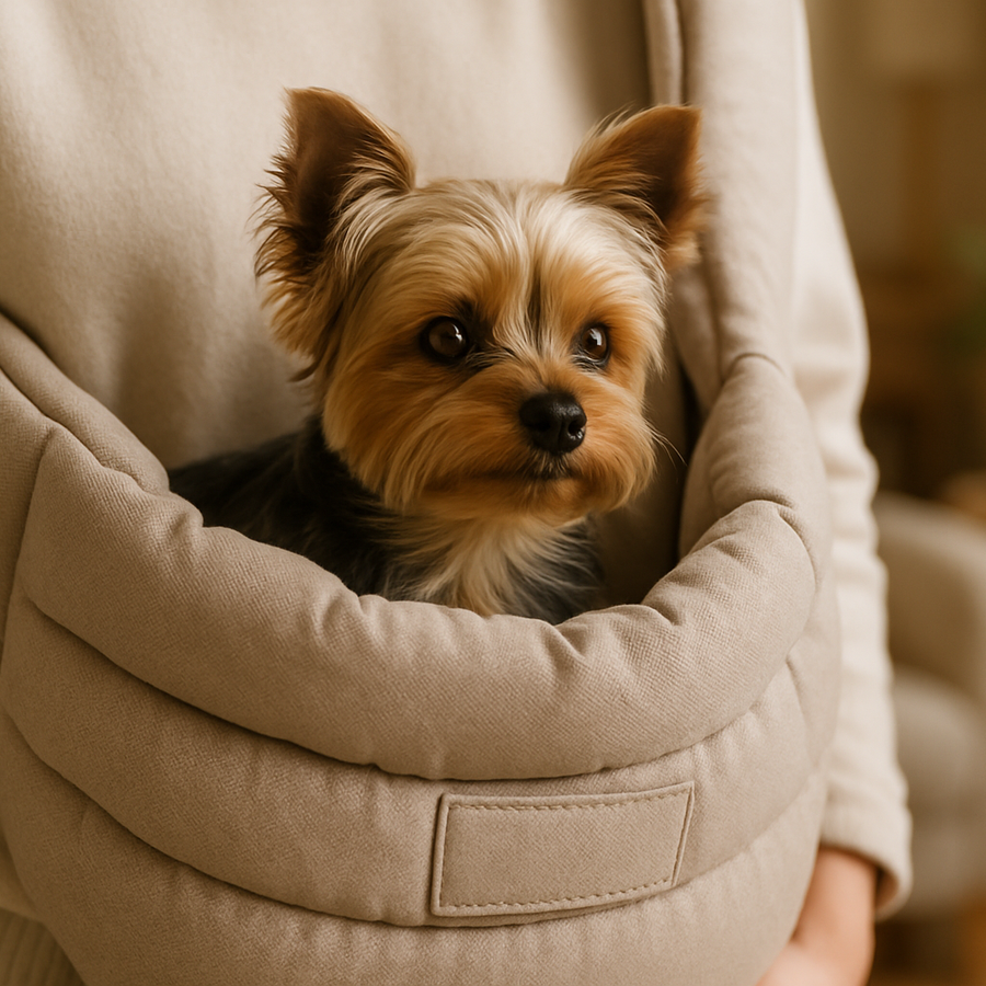 Close-up of the sling showing soft, padded fabric with a small Yorkie comfortably nestled inside, warm indoor setting, neutral modern tones.