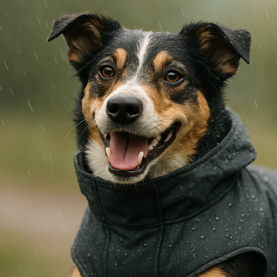 Close-up showing the dog coat on the coat with a playful dog in a light drizzle outdoors.