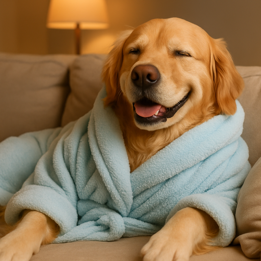 Happy golden retriever in a plush bathrobe, lounging on the couch.