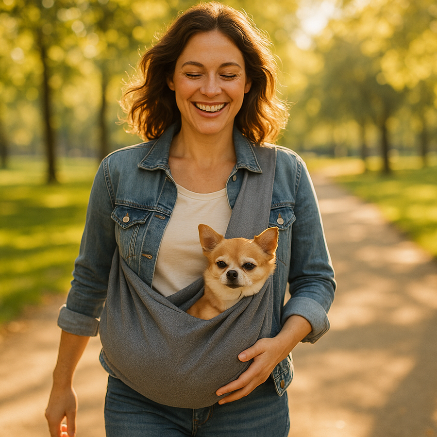Lifestyle photo of a happy woman carrying a small dog in a stylish gray pet sling carrier while walking through a park, bright and sunny background, realistic and warm tones.