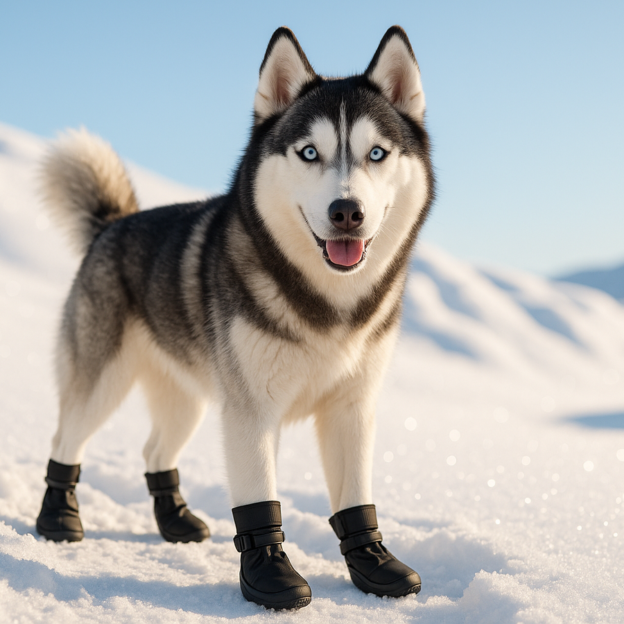 Lifestyle photo of a Siberian Husky standing in snow wearing black waterproof adjustable dog boots, looking happy and alert, sunlight reflecting on snow, high-quality commercial pet product photography.