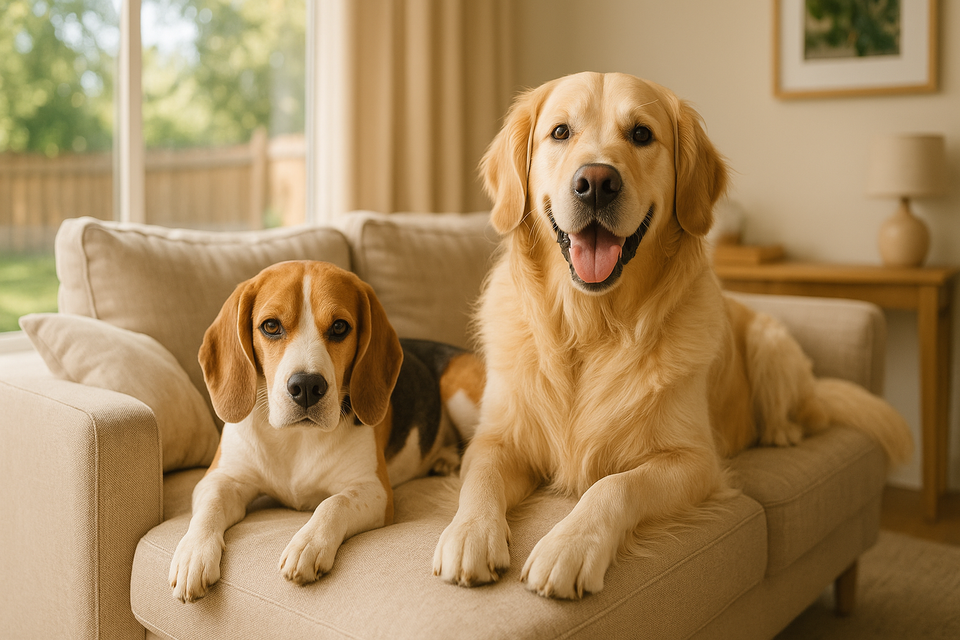  A bright, welcoming hero image for a pet boarding website. A happy golden retriever and a beagle relaxing together on a cozy couch in a sunlit living room, with a large window showing a safe fenced backyard. Warm, natural light, home-style environment, soft focus background, high detail, professional lifestyle photography, 16:9 aspect ratio, friendly and trustworthy atmosphere.

