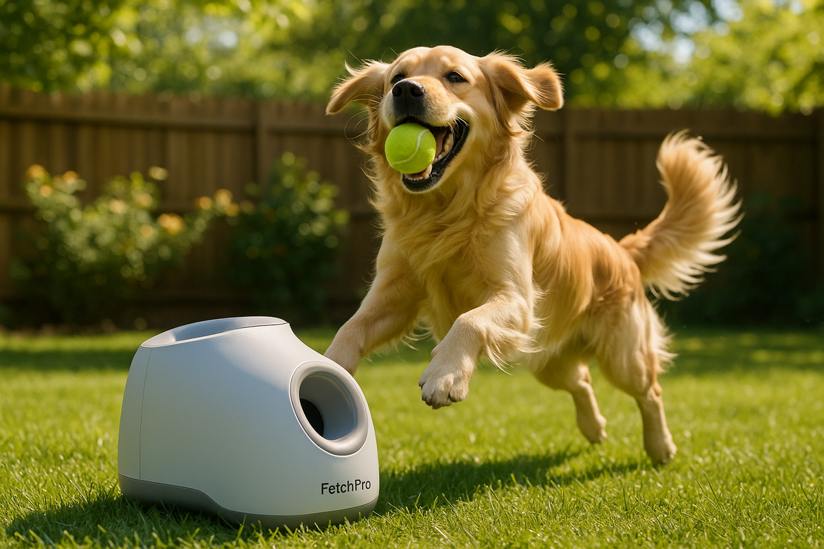 A happy dog playing with the FetchPro in a backyard setting. Consider a video of the FetchPro in action.