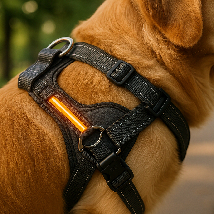 Close-up of the harness/leash/fabric texture, straps, buckles, or LED lights on a dog, with a park or city background softly blurred.
