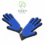 Blue pet grooming gloves with black accents on a white background are used for removing loose hair from the pets. 