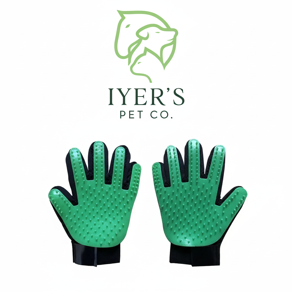 Green pet grooming gloves with black accents on a white background are used for removing loose hair from the pets. 