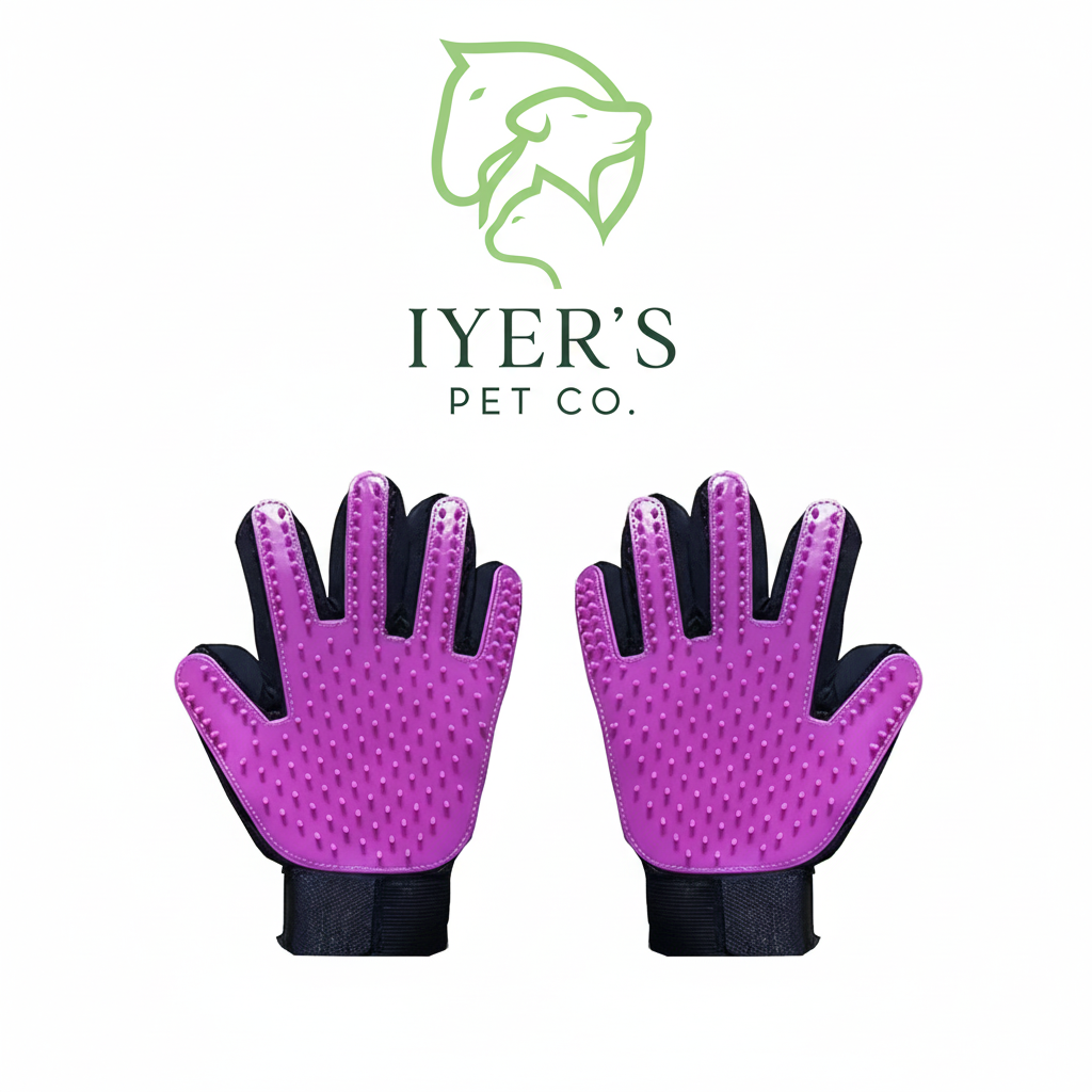 Purple pet grooming gloves with black accents on a white background are used for removing loose hair from the pets. 