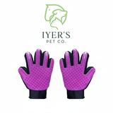Purple pet grooming gloves with black accents on a white background are used for removing loose hair from the pets. 