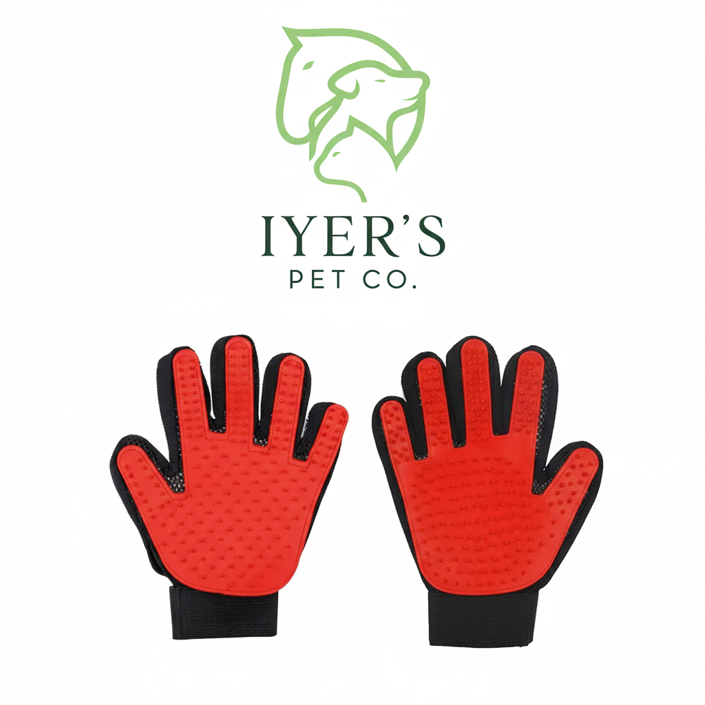Red pet grooming gloves with black accents on a white background are used for removing loose hair from the pets. 